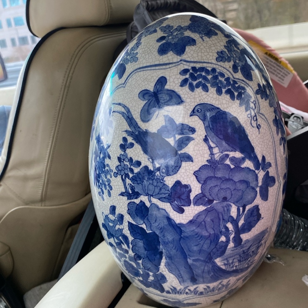vintage blue and white porcelain egg Chinoiserie style
